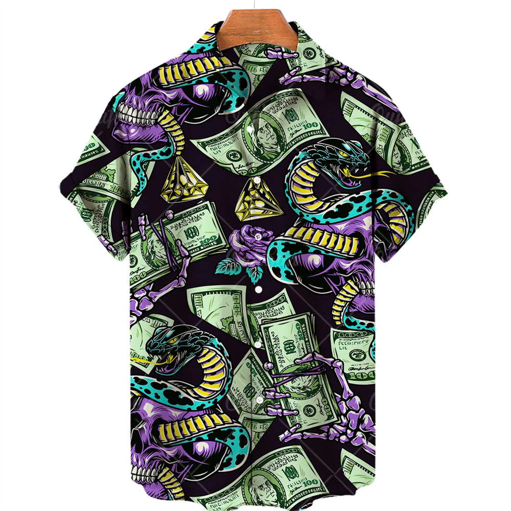 Hawaiian Men's Shirt, Dollar Print Shirt, Skull Horror Shirt, Short Sleeve Lapel Single Button Shirt, Casual Beach Shirt 5XL