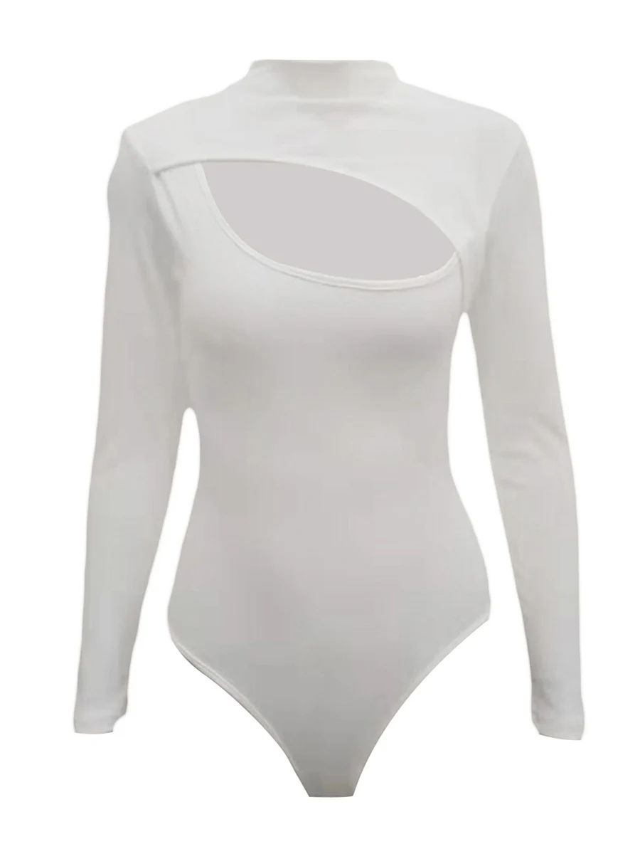 

Women Bodysuit Long Sleeve Semi-high Neck Hollowed Solid Slim Fit Romper Clubwear