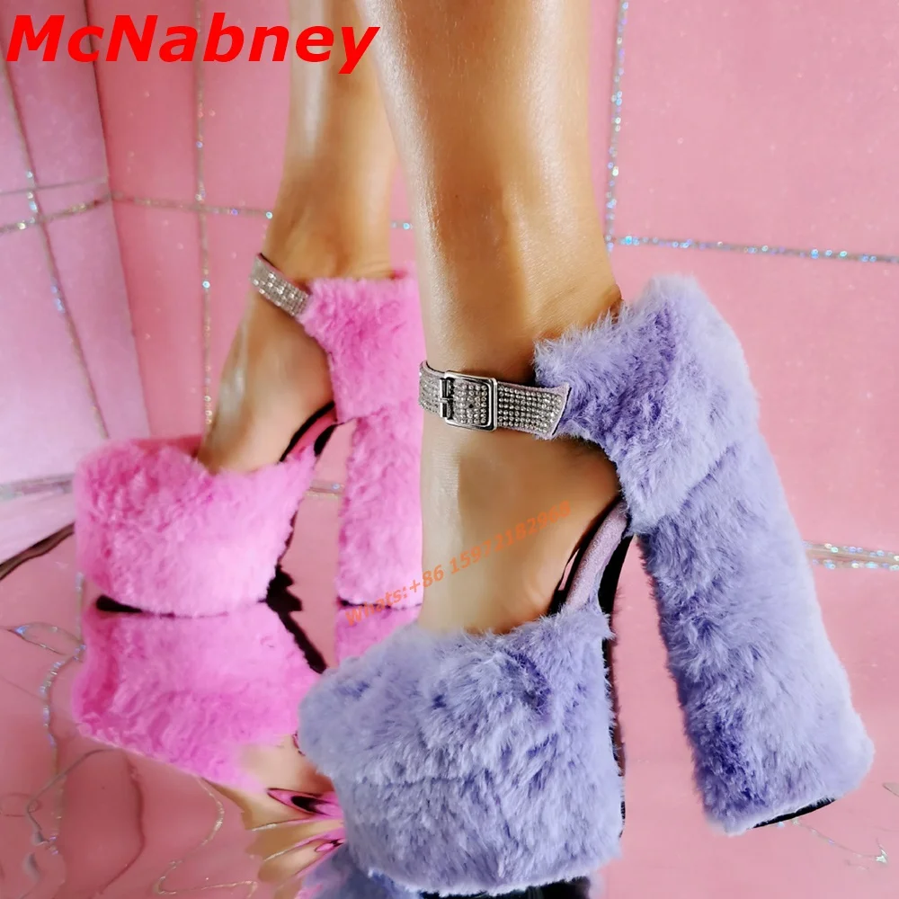 Platform Fur Sexy Sandals Round Toe Chunky High Heel Ankle Buckles Crystal Women Shoes Solid New Style Summer Party Prom Sandals