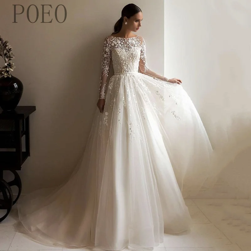 

POEO Modest Long Sleeves Lace Appliques Wedding Dress Buttons Back A-Line Formal Long Women Fashion Bride Gowns Custom Online