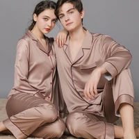 2 pieces spring and autumn couple pajamas sets women ice silk satin long sleeve sleepwear large size trouser suits home clothes