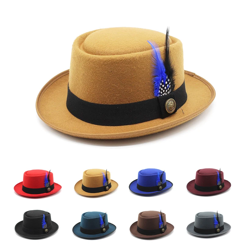 

Vintage Fashion Pork Pie Hat For Men Wool Felt Fedora Hat With Feather Women Church Hat Wide Brim Unisex Autumn Panama Jazz Hats