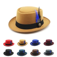 vintage fashion pork pie hat for men wool felt fedora hat with feather women church hat wide brim unisex autumn panama jazz hats