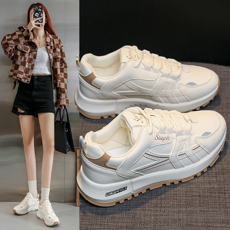 

2024 Women's Sneakers Fasion Leather Mesh Panel Sports Shoes Street Leisure Women Shoes Non-Slip Platform Lace-up Casual Shoes