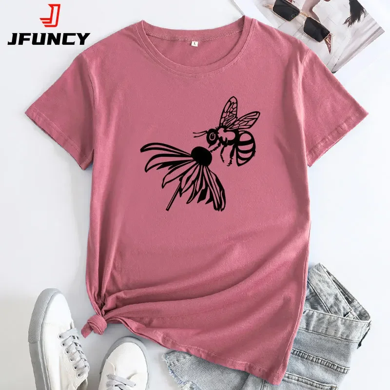 Футболка JFUNCY женская с принтом пчелы модный топ коротким рукавом хлопковая