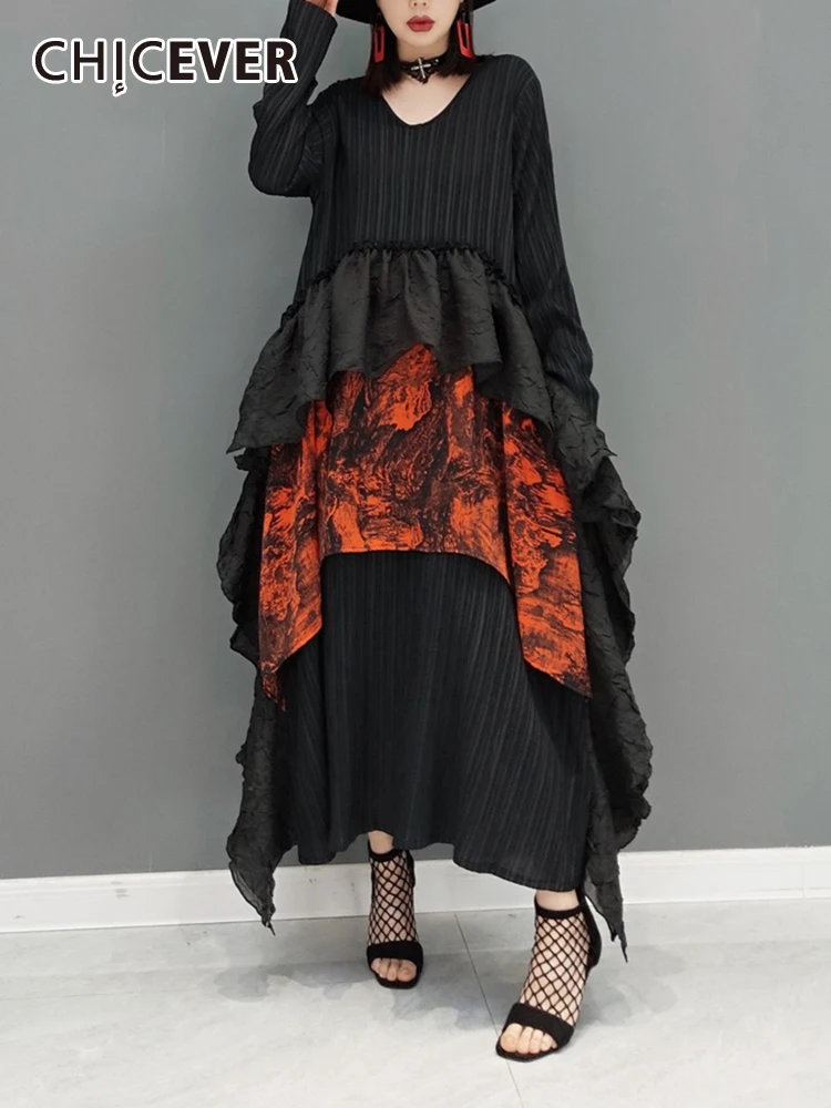 

CHICEVER Сращенные платья с оборками для женщин, v-образный вырез, длинный рукав, высокая талия, свободное цветное винтажное платье макси, женское весеннее 2023