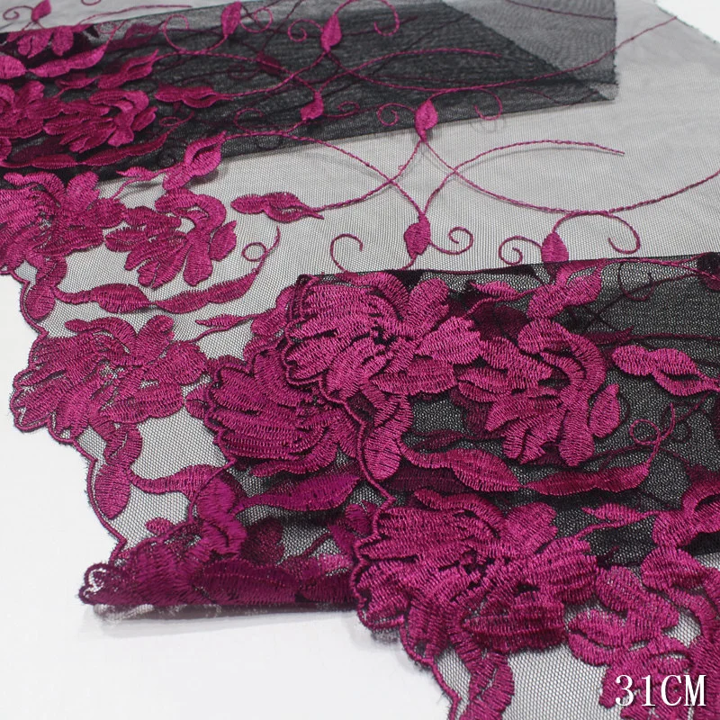 

40Yards Purple Floral Embroidered Lace Trim Black Mesh Tulle For Garment Bra Lingerie Sewing Fabric DIY Trimmings 31cm Width