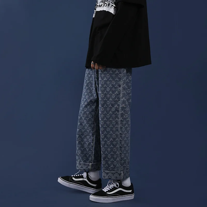 Man Jacquard Cashew Print Jeans Vintage Korea Wide Leg Pants 2023 Men Spring Autumn Fashion Mid Waist Straight Jean Streetwear