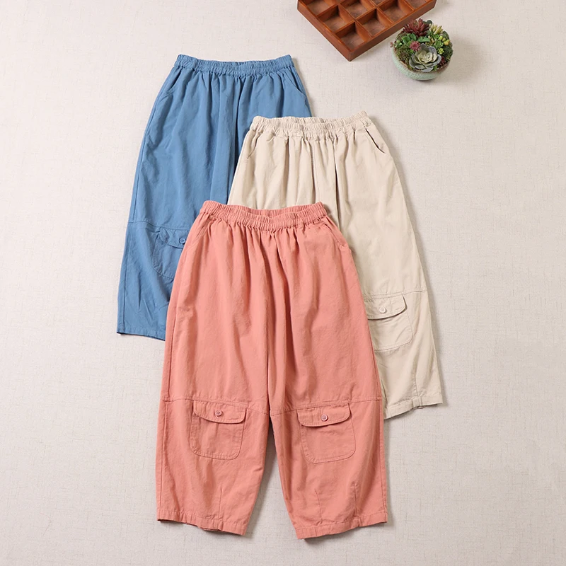 

Summer Japanese Style Solid Color Pants Women Elastic Waist multi- pockets Casual Pants 822-216