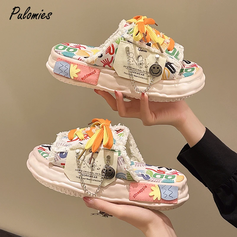 Fashion Design Summer Women Graffiti Slippers Platform Shoes Mules Flip Flops Street Sandals Clogs Flat Casual Shoes For Female