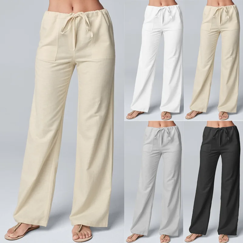 Women Cotton Linen Pants Fashion Solid Color Elastic Waist Loose Straight Pants Female Ankle-length Trousers Summer Casual Pants