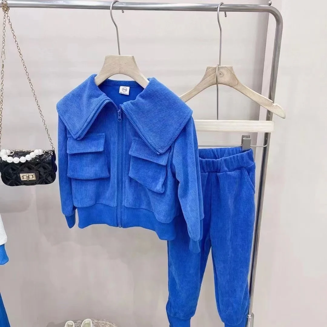 

MIDODO 2022 Spring Girls Casual Lapel Klein Blue Sportswear 2Pcs Suit Children Sweater Jacket + Pants Set Outfit Kids Clothes