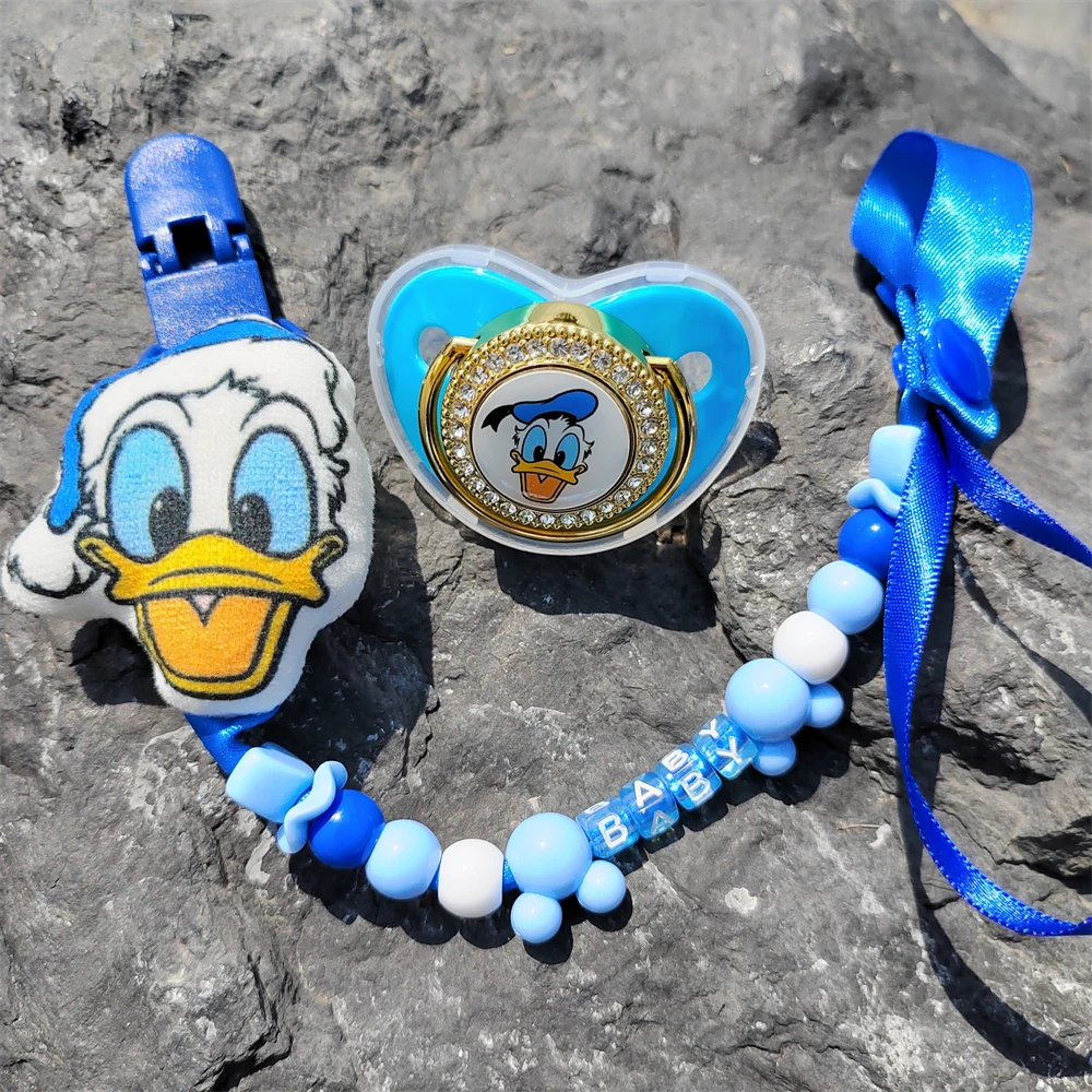 

[bling Pacifiers with Plush Clip ] Personalized of English Name Disney Donald Duck Blue Beaded Educational Toys for Newborn Baby