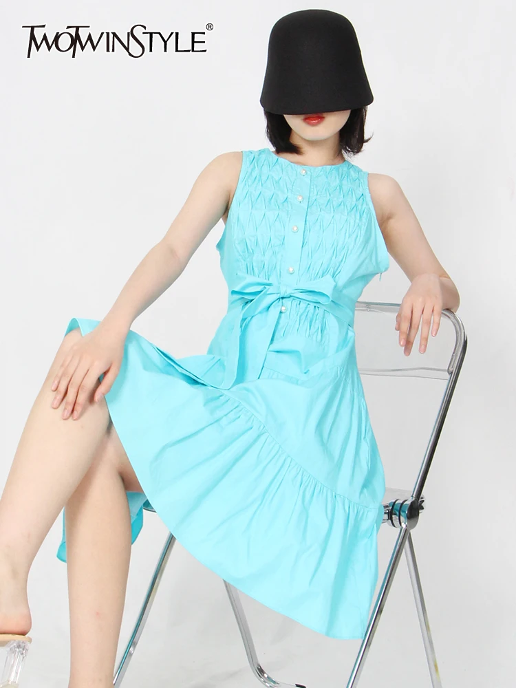 

TWOTWINSTYLE Summer Ruched Dress For Women Round Neck Sleeveless High Waist Solid Minimalist Mini Dresses Female Clothing Style