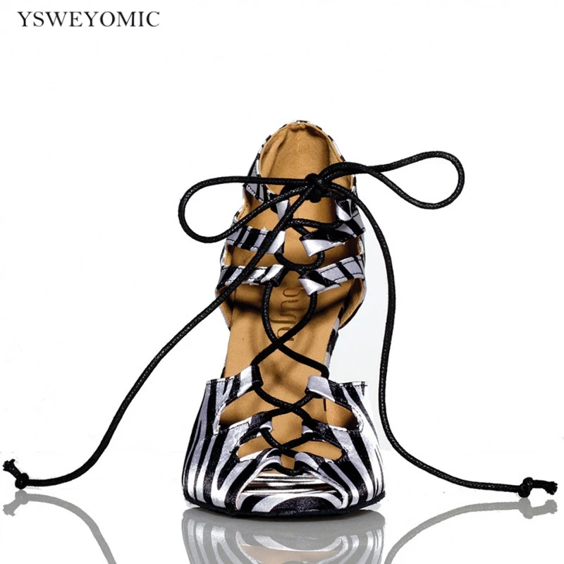 Zapatos De Baile Latino Shoes Zebra Pattern Satin Material 8.5cm Heel Ballroom Latin Shoes Bachata Salsa Latin Dancing Shoes