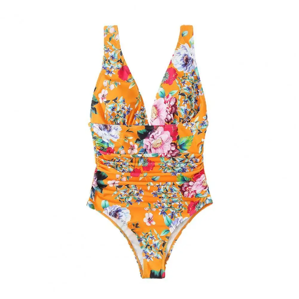 

Привлекательное Женское эластичное цельное бикини без рукавов, плиссированное цельное бикини с ярким цветочным принтом