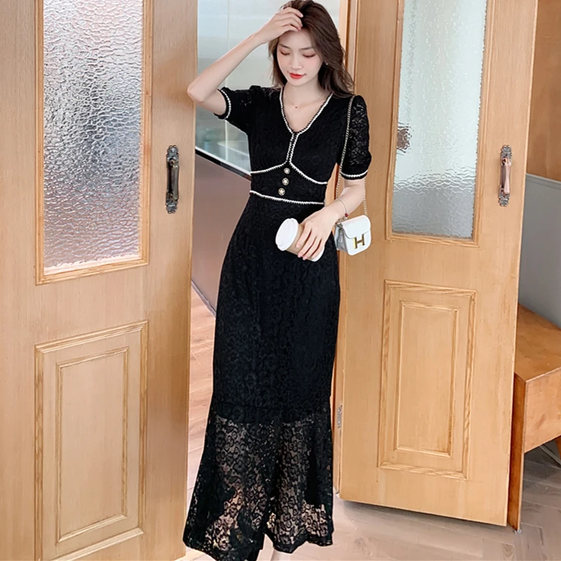 

2022 Black Lace Sexy Club Party Midi Dress Women Korean Vintage Casual Mermaid Skirt Summer Elegant Bodycon Evening Maxi Dresses