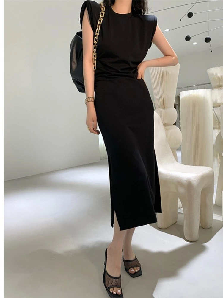 

Shoulder Padded French Dress Summer New Design Waist Black Long Skirt dresses women maxi dresses for women