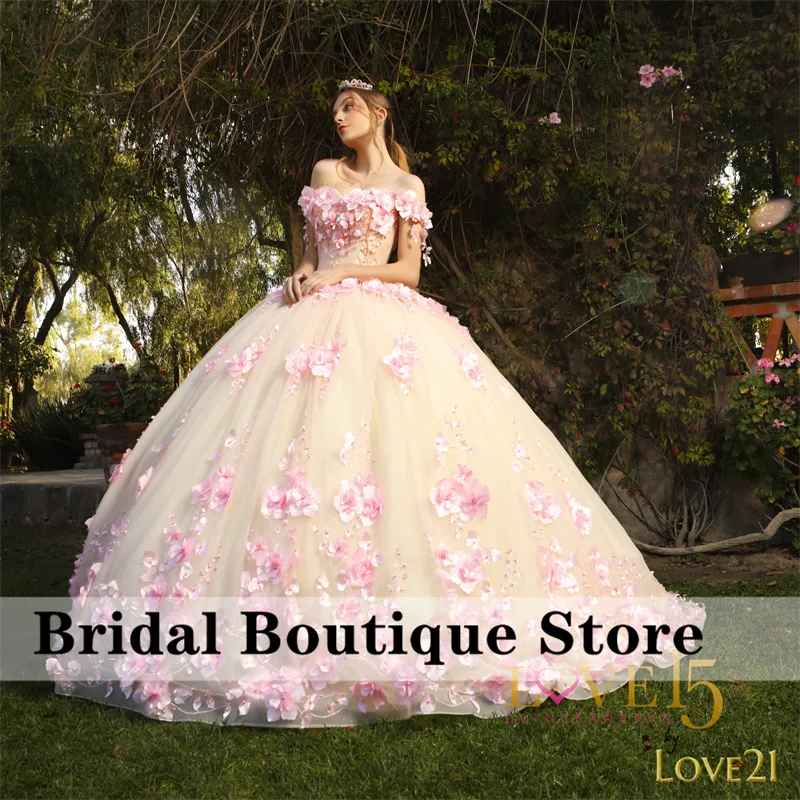 

Luxury Pink 3D Flowers Quinceanera Dresses 2023 Ball Gown Applique Crystal Pearls Sweet 16 Dresses Corset Birthday Party