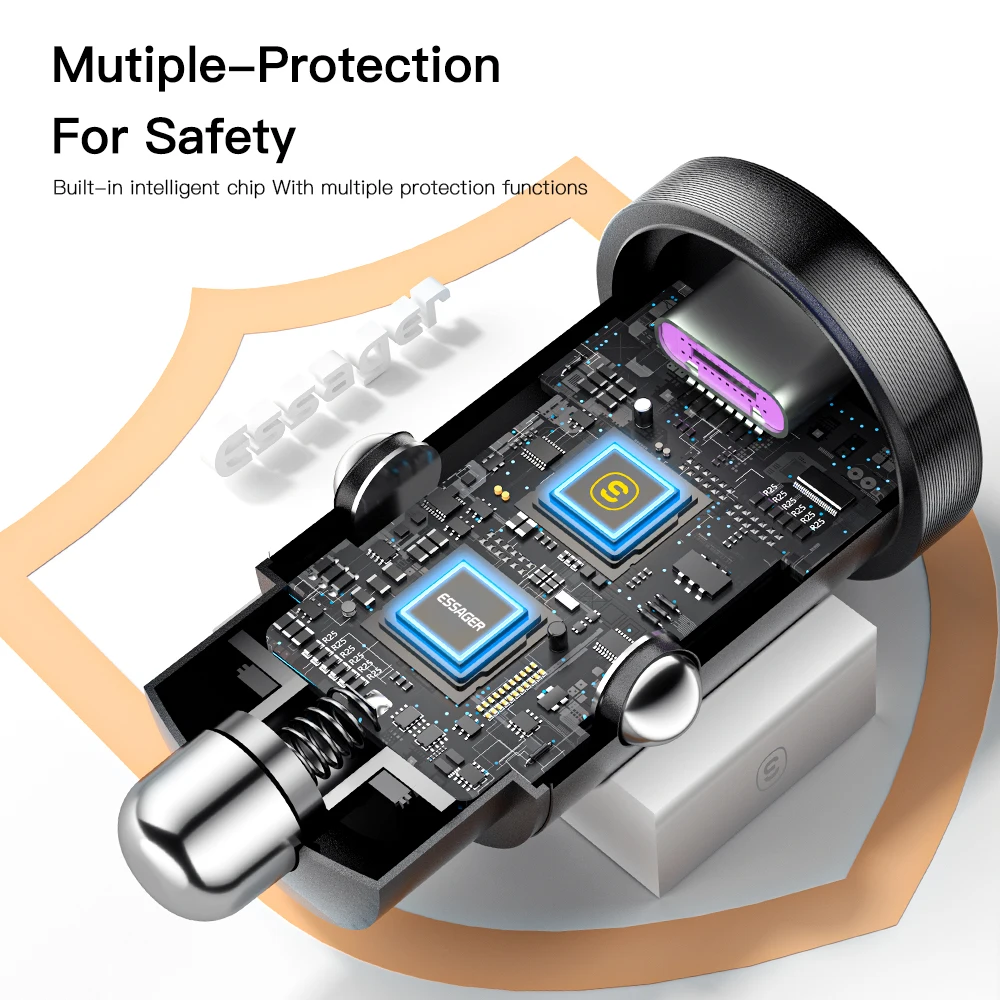 Автомобильное зарядное устройство Essager USB Type-C 30 Вт быстрая зарядка QC PD 3 0