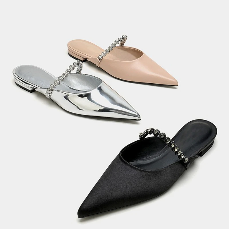 

Pointed Toe Rhinestone Mueller Slippers Women Summer New Women's Sandals Non-slip Flat Fashion Designer Brand Slides Sandalias