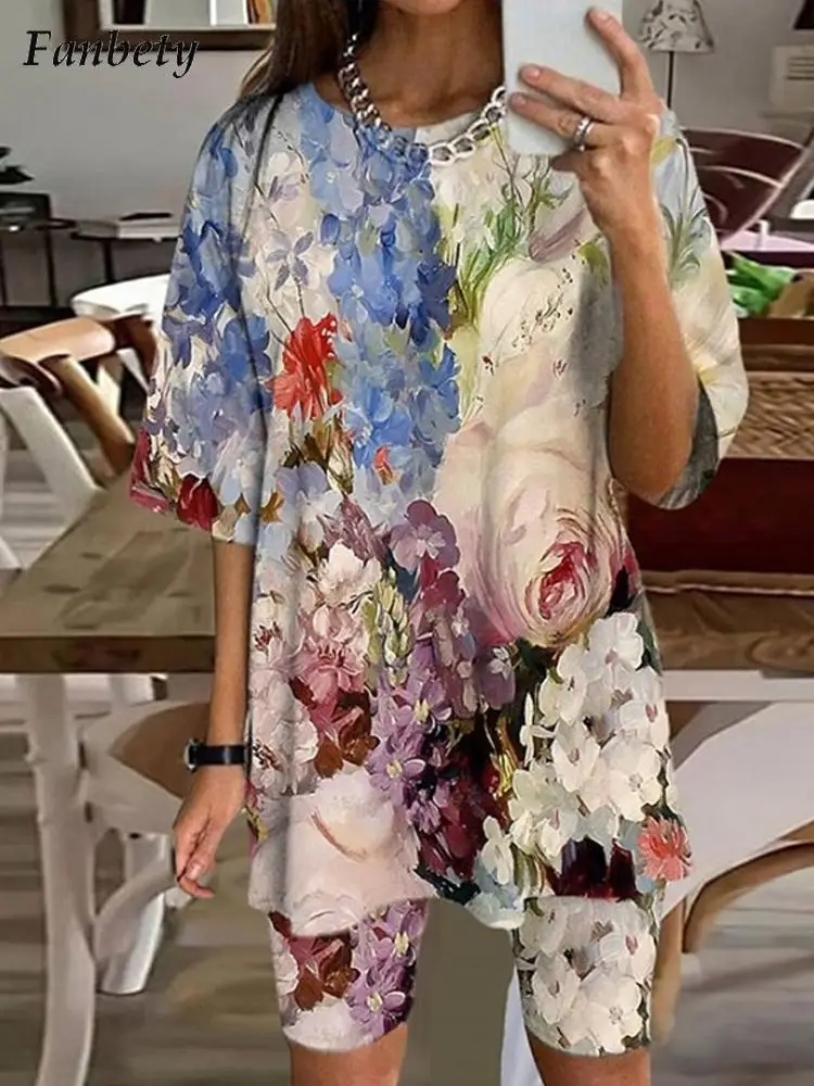 

Женский комплект из 2 предметов, повседневный Свободный пуловер и облегающие шорты с модным принтом, летний спортивный костюм, женские винт...