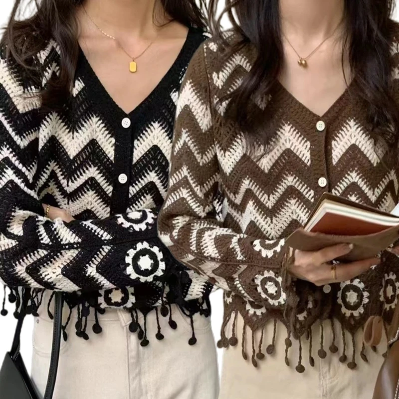 

Женский укороченный кардиган в полоску, вязаный винтажный свитер свободного покроя с длинными рукавами, на пуговицах