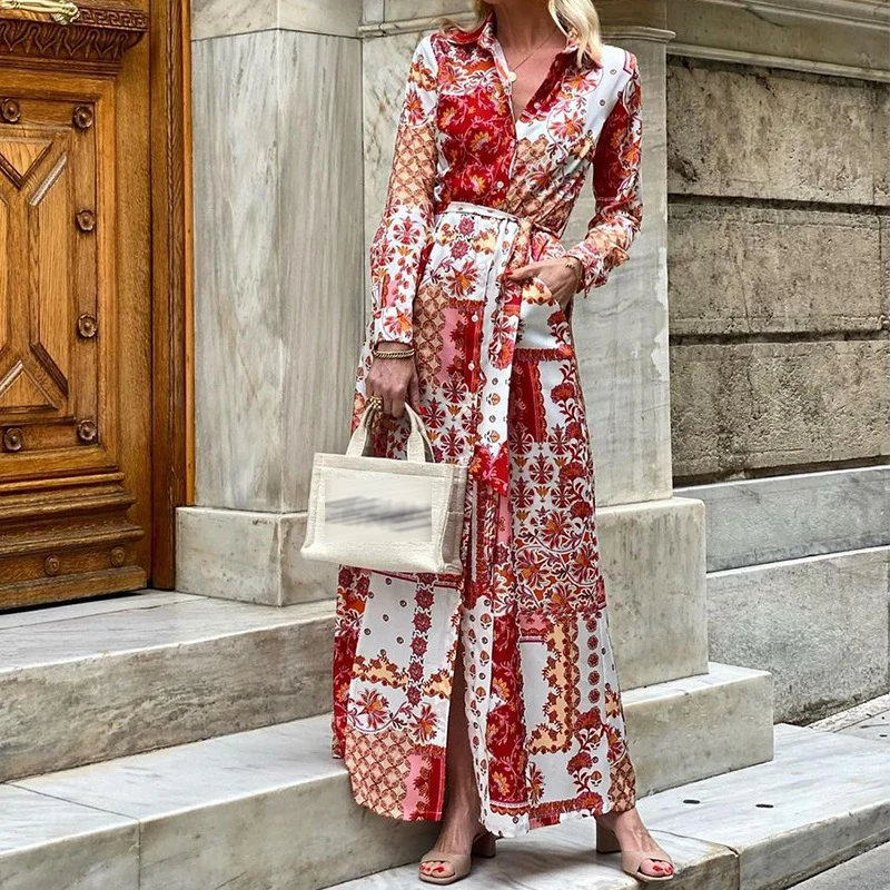 

New Casual Single-breasted Office Cardigan Dress Women Lapel Vintage Printing Long Dress Elegant Lace-up High Street Shirt Dress
