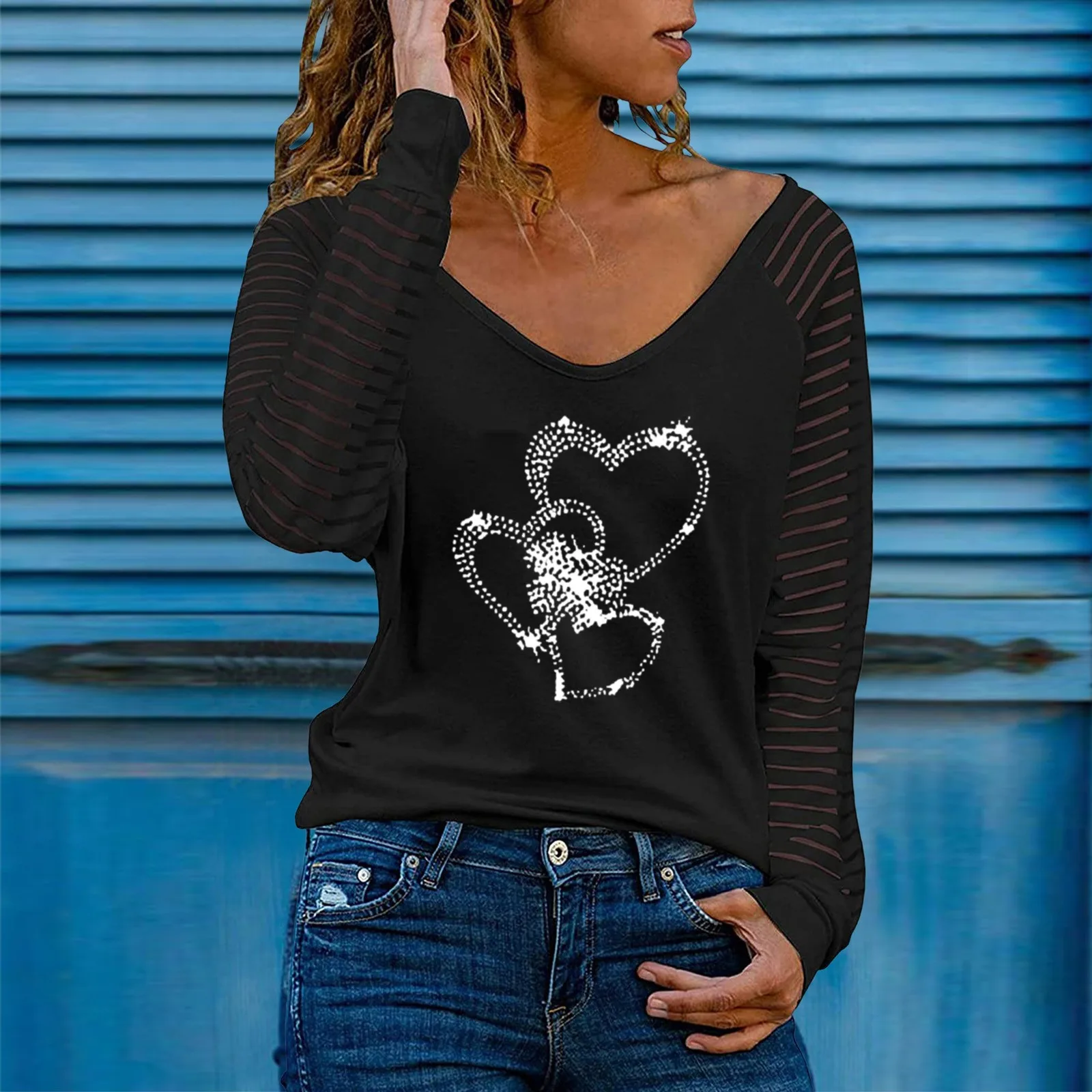 

Женская футболка с рисунком скелета и сердца, осенняя Футболка с рукавами-фонариками и V-образным вырезом, топы с графическим рисунком, женс...