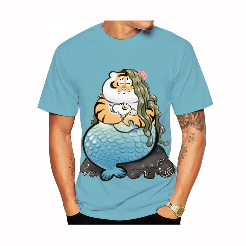 

Summer men's 3D printed cute cartoon tiger pattern T-shirt 2023 casual round neck short sleeved T-shirt clothing