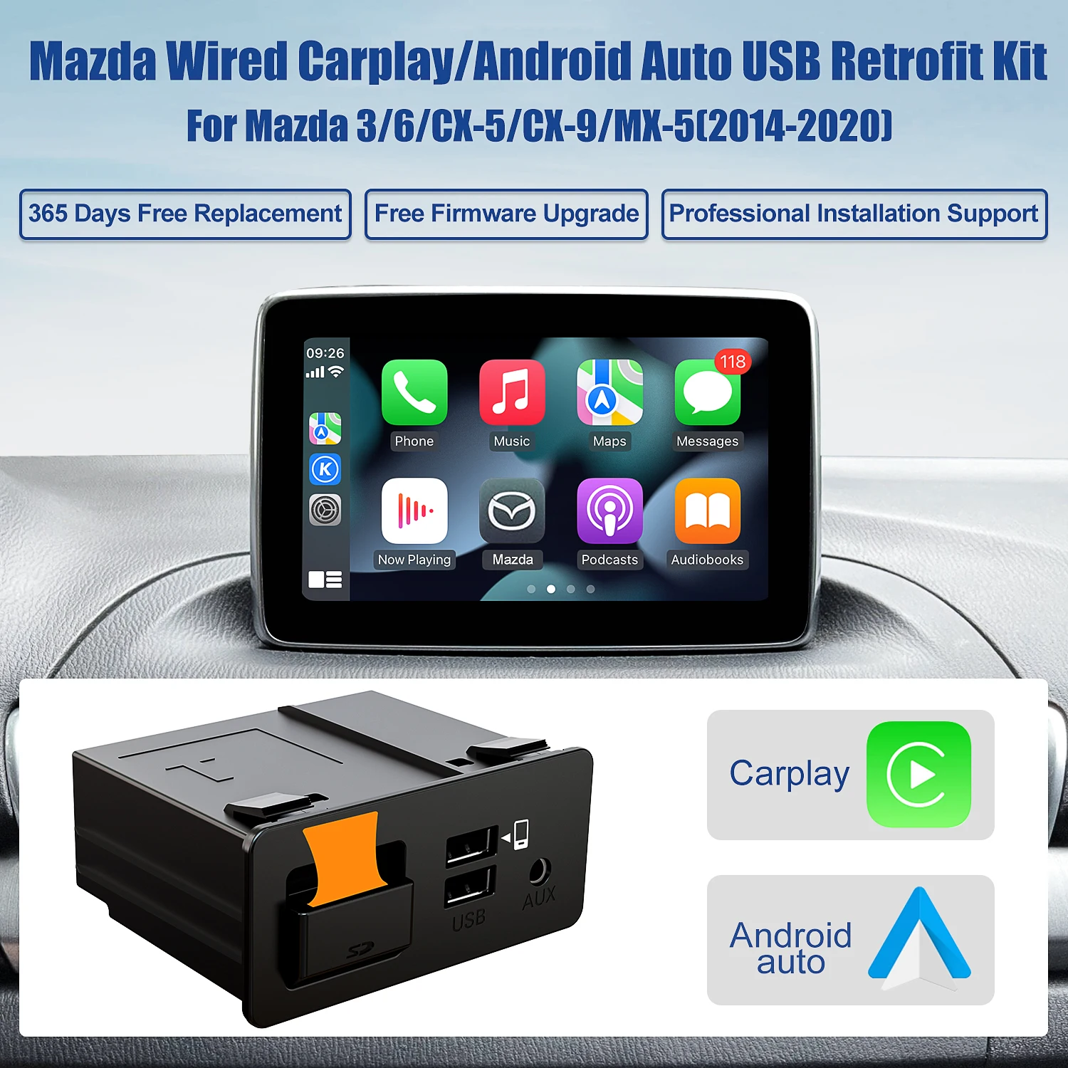 Mazda 6 / 3 / 2 CX30 CX5 CX8 CX9 MX5 Apple CarPlay Android Auto USB Retrofit Kit Original Screen HUB-2023 NEW UPGRADED Firmware