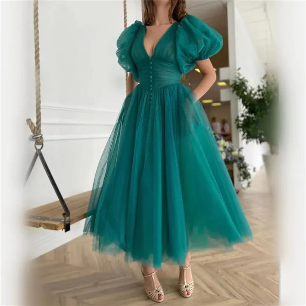 

Женское ТРАПЕЦИЕВИДНОЕ ПЛАТЬЕ с пышными рукавами, зеленое Тюлевое платье с V-образным вырезом в горошек, платье для свадебной вечеринки, выпускного вечера, 2023