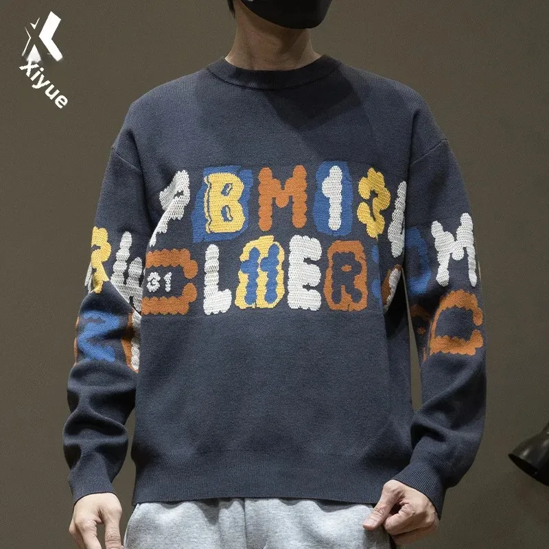 Модный мужской свитер в американском стиле свободный крой вязаный цветной блок