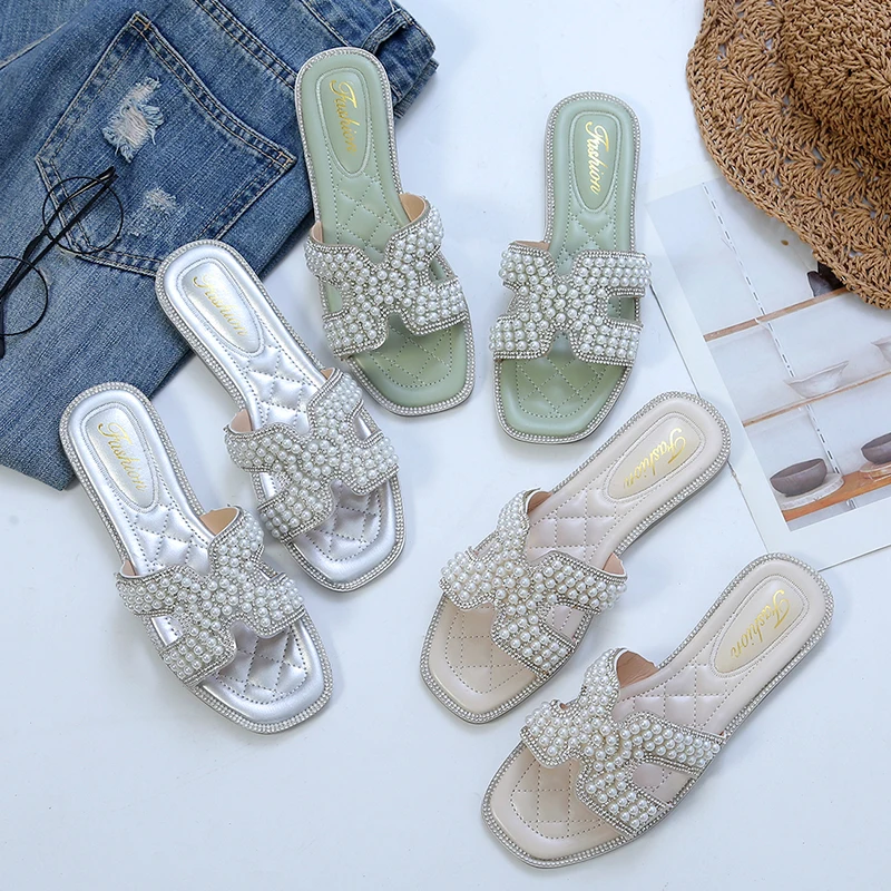 

Women's Slipper Outer Wear 2022 New Summer Super Trend Pearl Crystal Holiday Girls Flats All-match Sandals Women Shoes