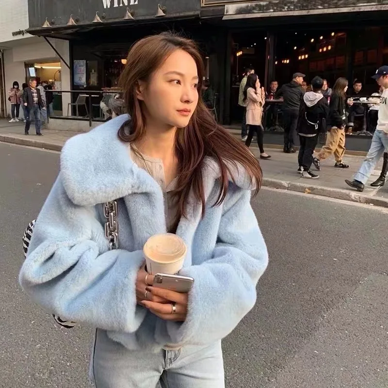 baby blue Women Winter casual sweet girl  Lapel  Shaggy Faux Rabbit Fur Jackets Vintage Furry Oversized Coat Short Outerwear fur