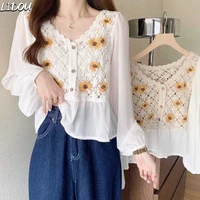 2022 spring summer new french design embroidered chiffon shirt v neck long sleeve blouse for female sweet style casual clothing