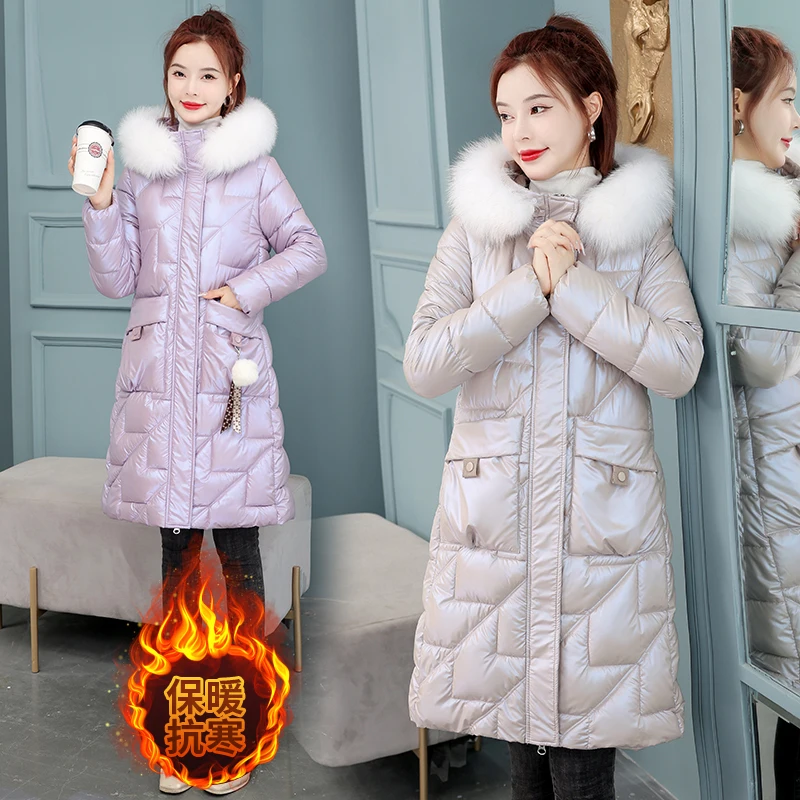 2022 New Winter Thick Jacket Long Down Parka Jacket Women Bright Waterproof Overcoat Loose Warm Cotton Coat Winter Hooded Parka