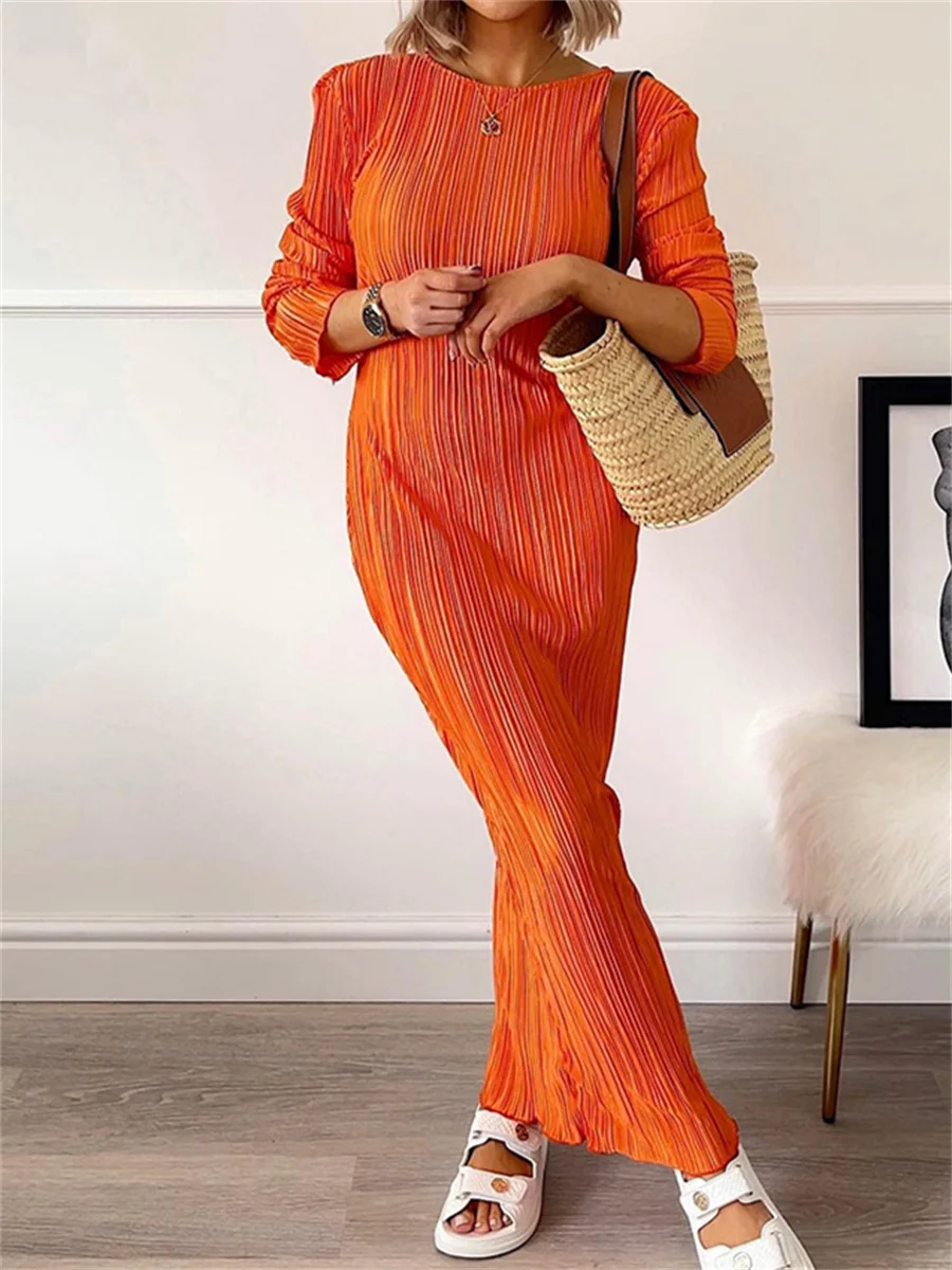

wsevypo Women Long Pleated Dress Elegant Fashion Solid Color Round Neck Long Sleeve Wrap Dresses Spring Fall Ladies Clothes