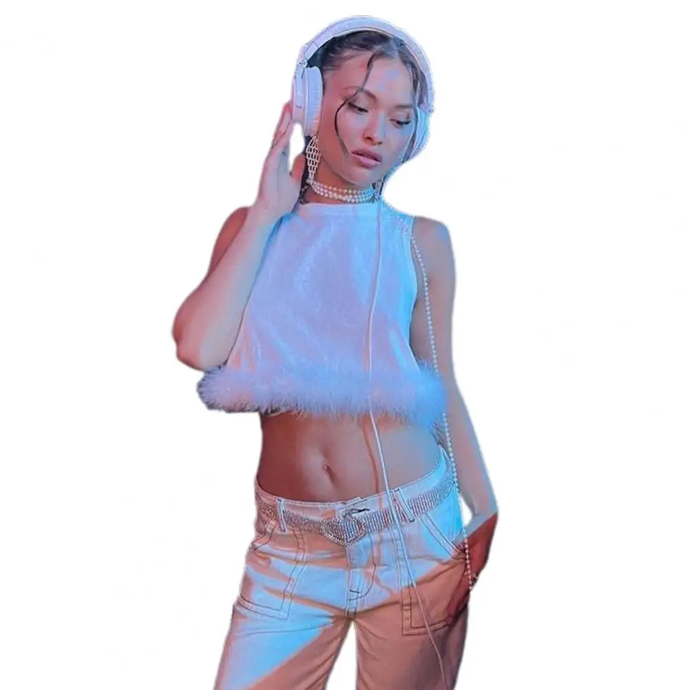 

Unique Exposed Navel Solid Color Fluffy Stitching Hemline Sexy Pullover Vest Streetwear Vest Top Pullover T-shirt
