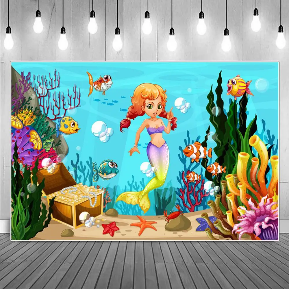 

Ocean Seabed Mermaid Treasure Photography Backdrops Kids Summer Aquarium Undersea Corals Rock Party Decoration Photo Backgrounds
