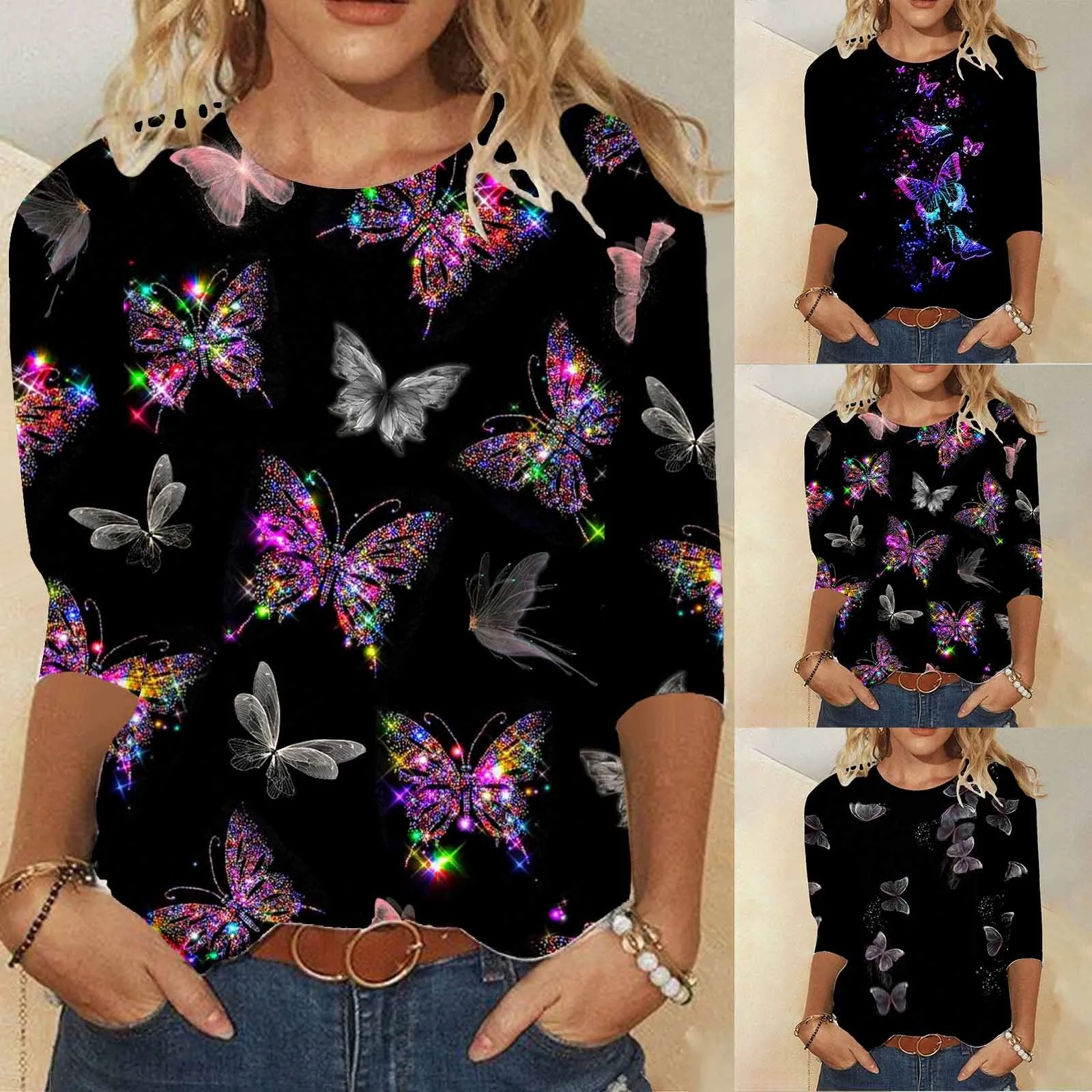 

2023 Новая повседневная женская Повседневная футболка с длинным рукавом с принтом, круглый вырез, топ из хлопка и спандекса, топы, набор, рубаш...