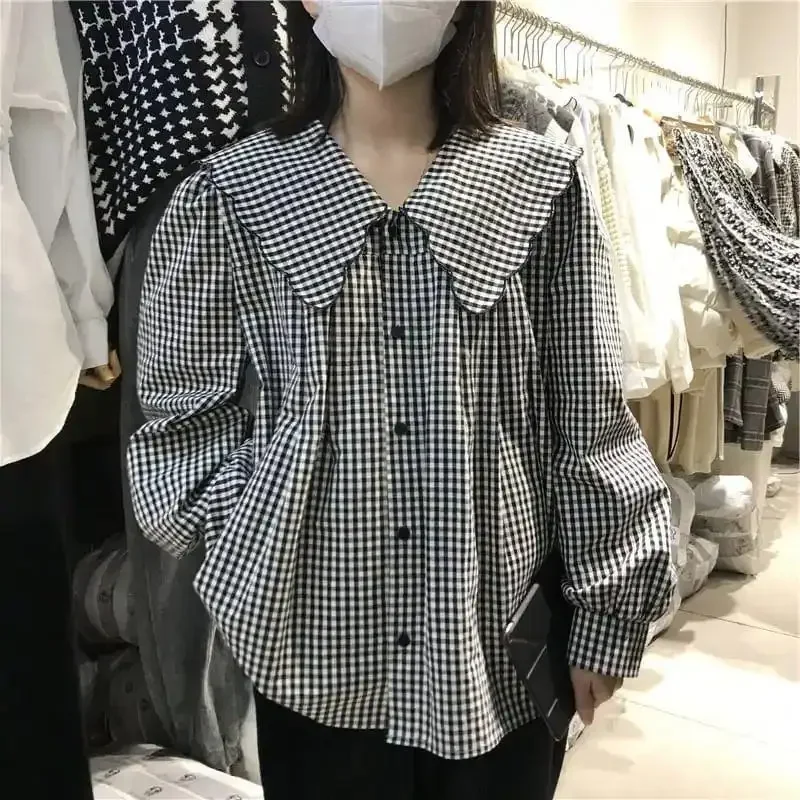 Французская винтажная рубашка в клетку с кукольным воротником Женская