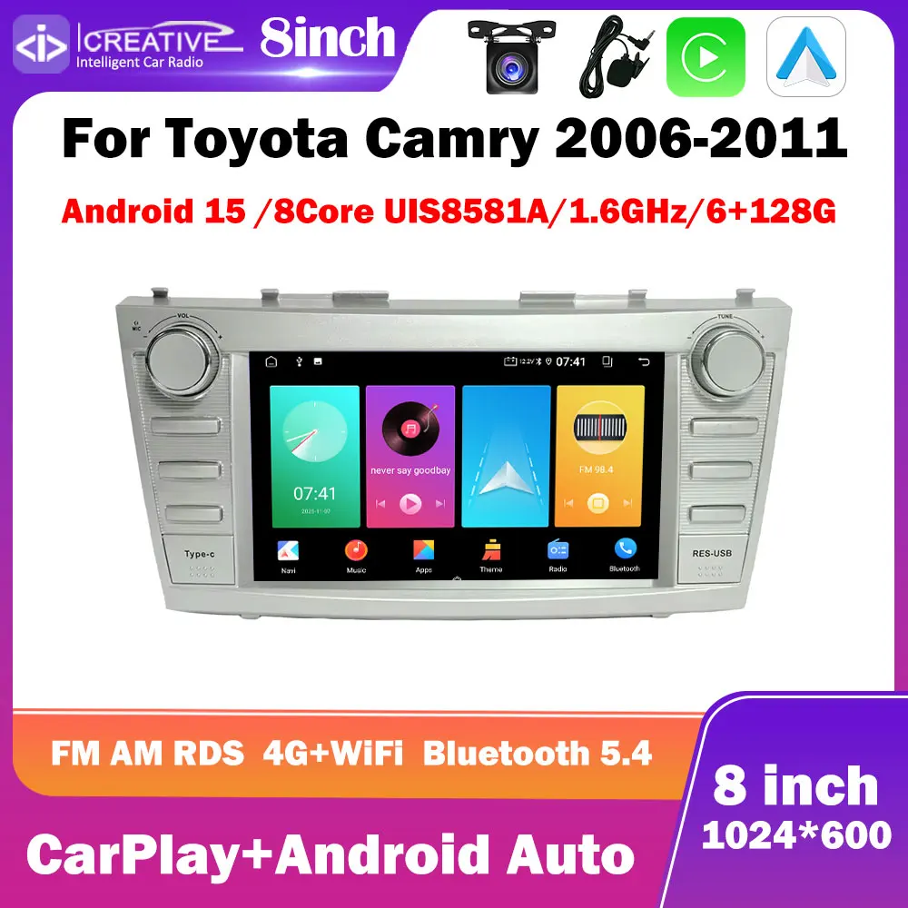 Фото Автомобильная магнитола на Android 15 для Toyota Camry 2006-2011, 8 дюймов, 1024*600, Carplay, Auto Multimedia Stereo, GPS-навигация, интеллектуальная 8-ядерная IPS-панель. №1