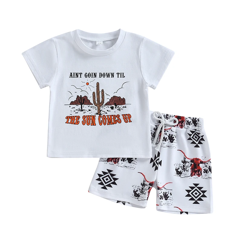 

Комплект с шортами для мальчиков, футболка с коротким рукавом и принтом букв и кактусов с эластичным поясом и шорты с принтом быка, летний наряд