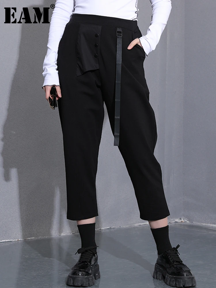 

[EAM] High Elastic Waist Black Ribbon Long Harem Trousers New Loose Fit Pants Women Fashion Tide Spring Autumn 2022 1DC77701