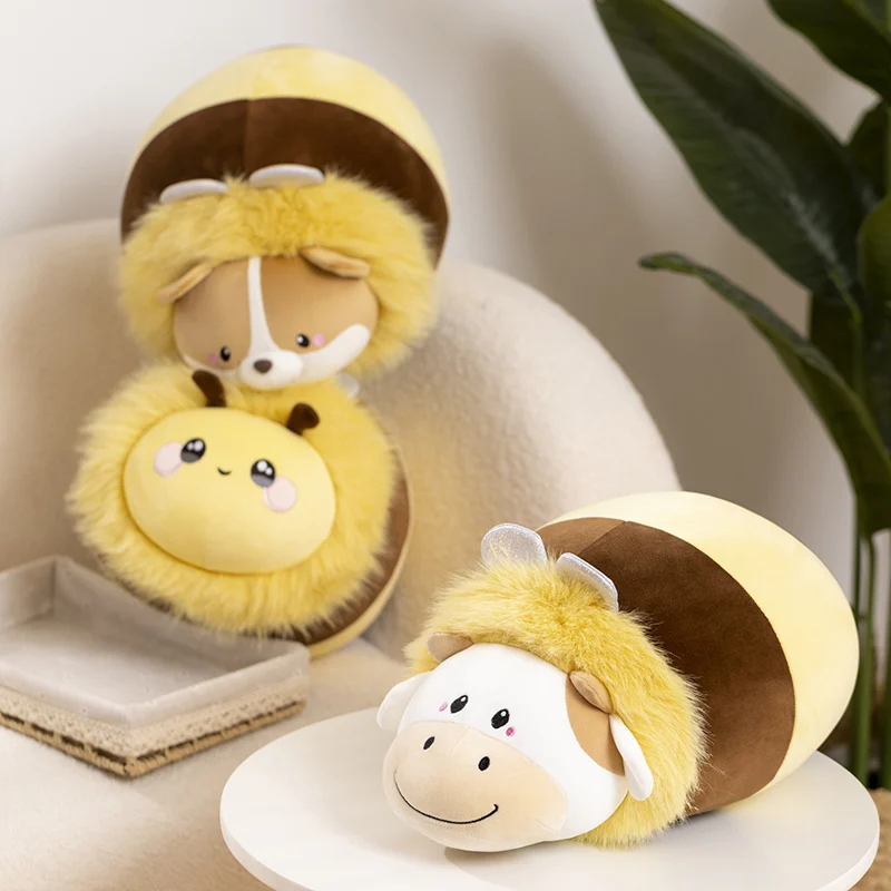 1pc Bee Body Dog And Cow Head Creative Combination Doll Plush Toy Throw Pillow Children Sleeping Companion Toys