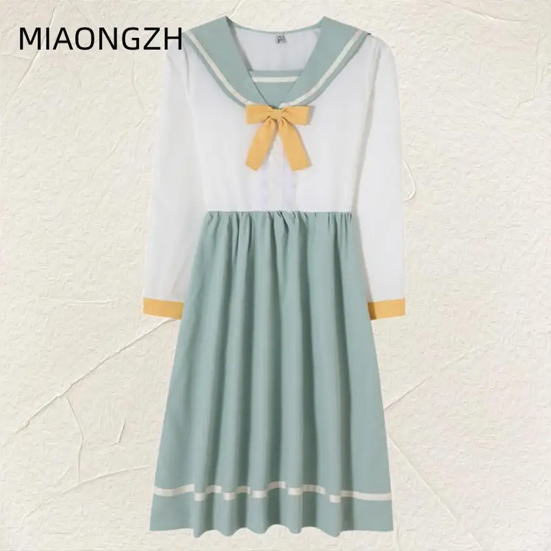 

Fake 2 Pieces Long Sleeved Women's Clothing Dresses BOW Preppy Style Slim Appear Thin Waist Retraction Fashion A-Line Spliced