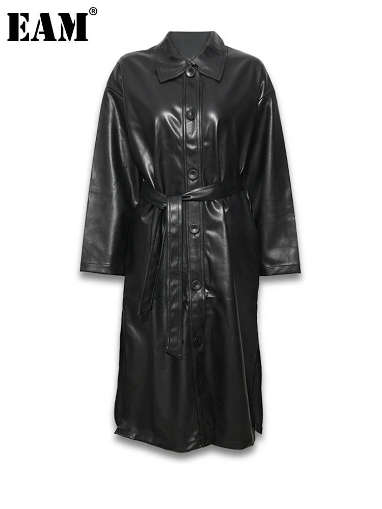 

[EAM] женский черный Тренч из искусственной кожи большого размера, новая свободная ветровка с отворотом и длинным рукавом, весна-осень 2023, YG62501