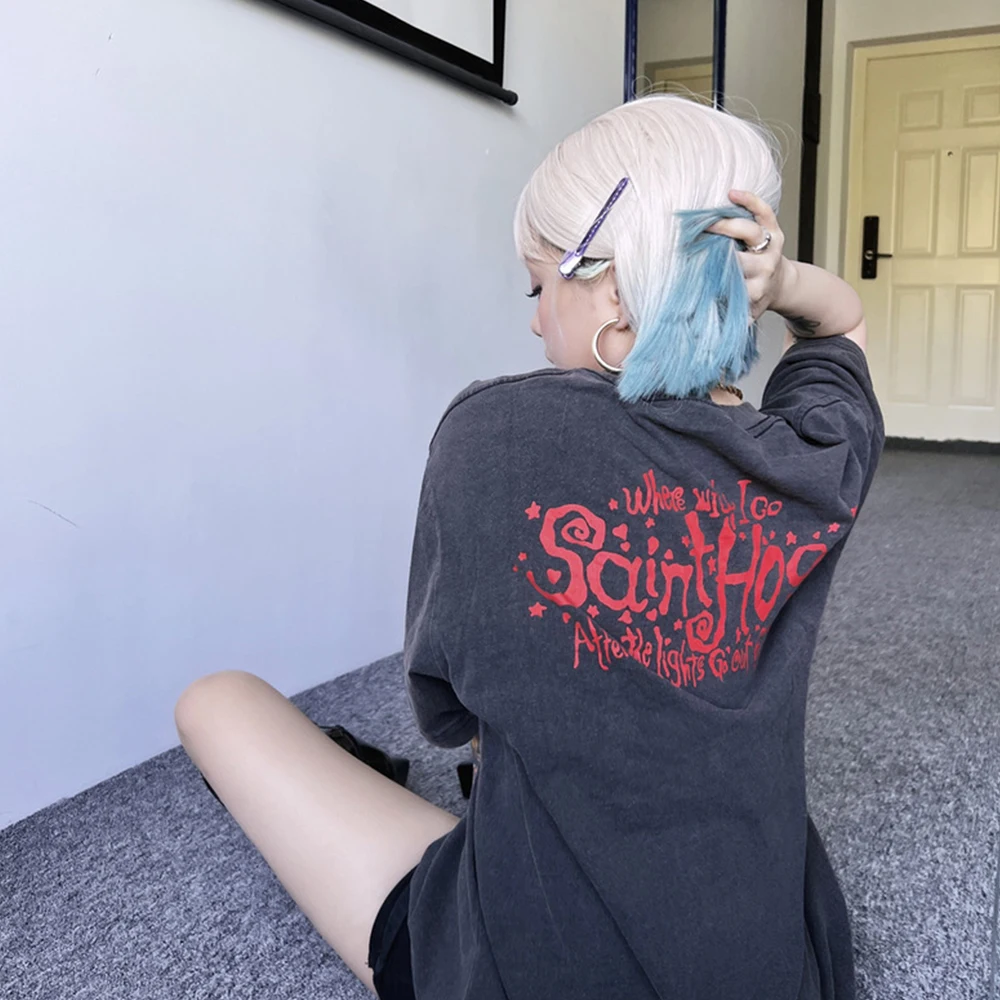 

Small Group Abstract Eye Print Short Sleeved Hip Hop Tops Tee Wash Vintage Cotton Loose Round Neck Trendy T-shirt for Men