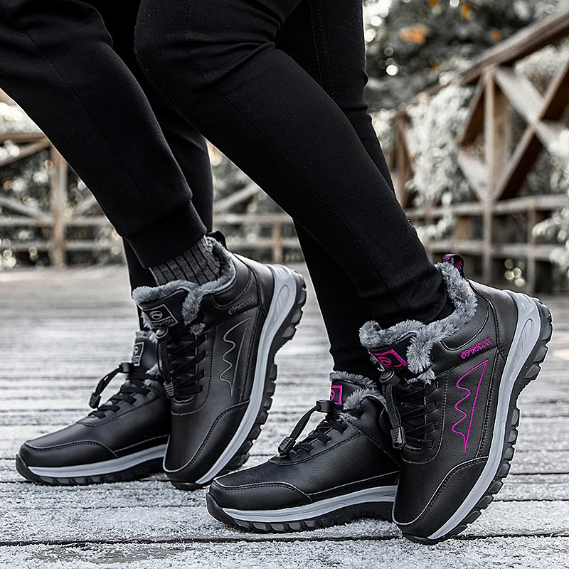 Winter Couple Plus Velvet Warm Black PU Leather Casual Shoes Women Outdoor Walking Shoes Men Waterproof Non-slip Fur Sneakers